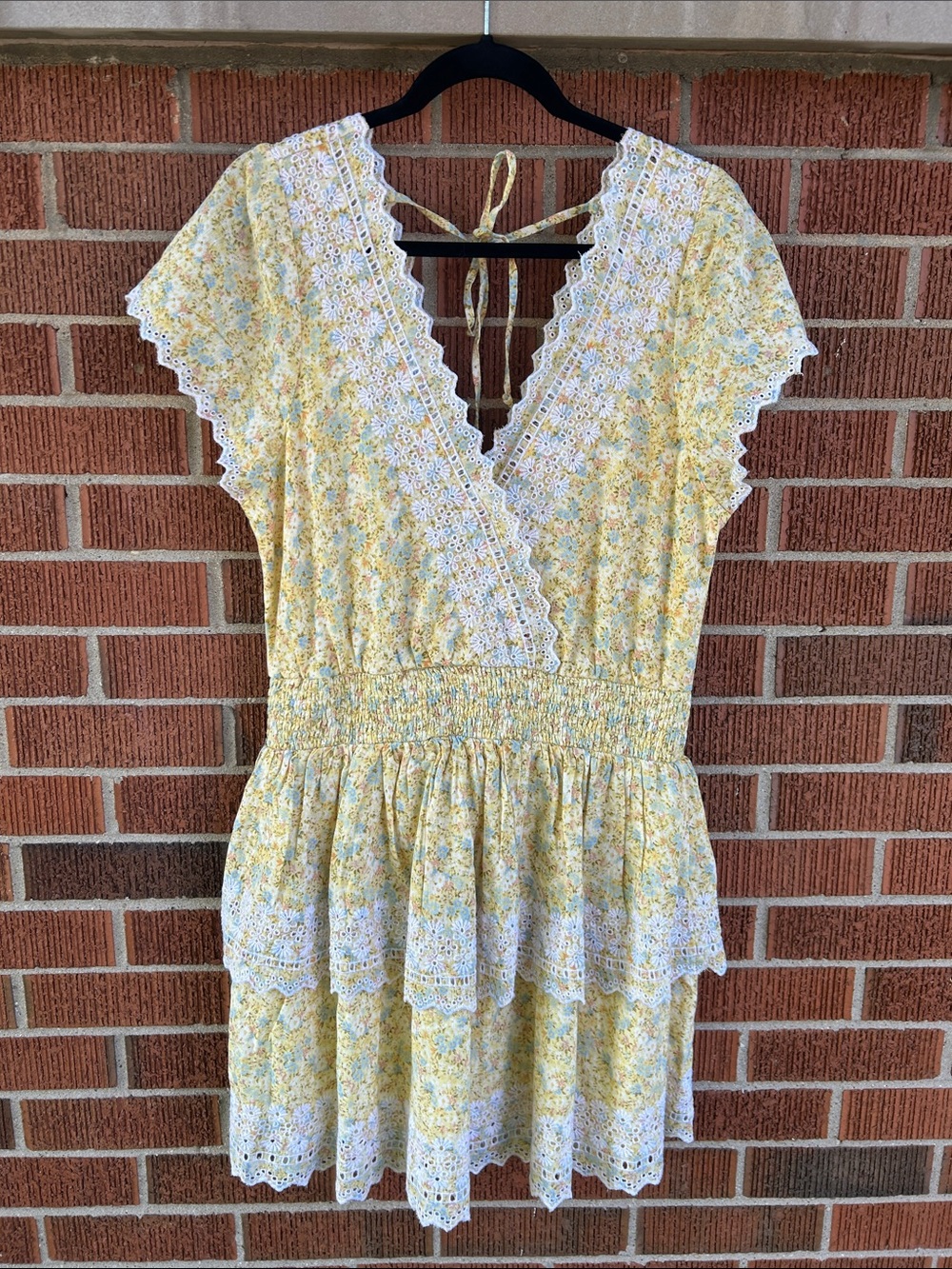 American Eagle Yellow Floral eyelet Lace Trim ruffle Mini Dress
